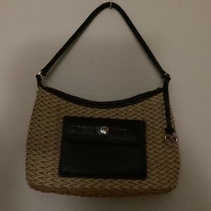 Brighton woven and leather purse in tan and dark brown.  Braided shoulder strap.